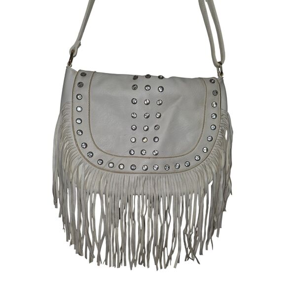 KOGUO White Fringe Shoulder Bag Purse | Studded Western Boho | Women’s Handbag - Picture 13 of 14